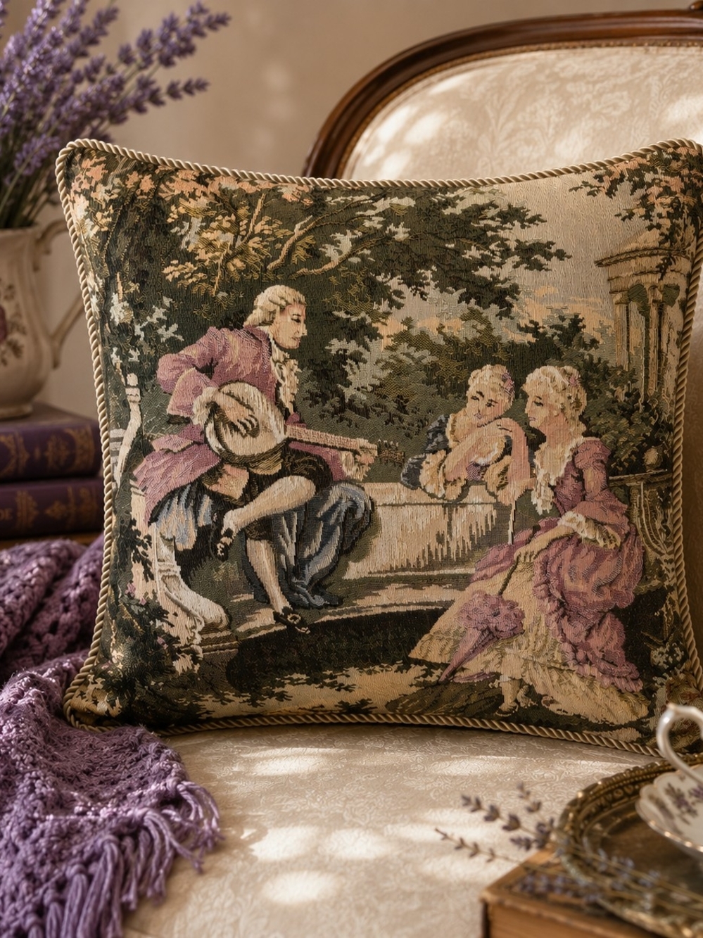 Vintage Style French Tapestry Throw Pillow Rococo Court Scene Zip Cover